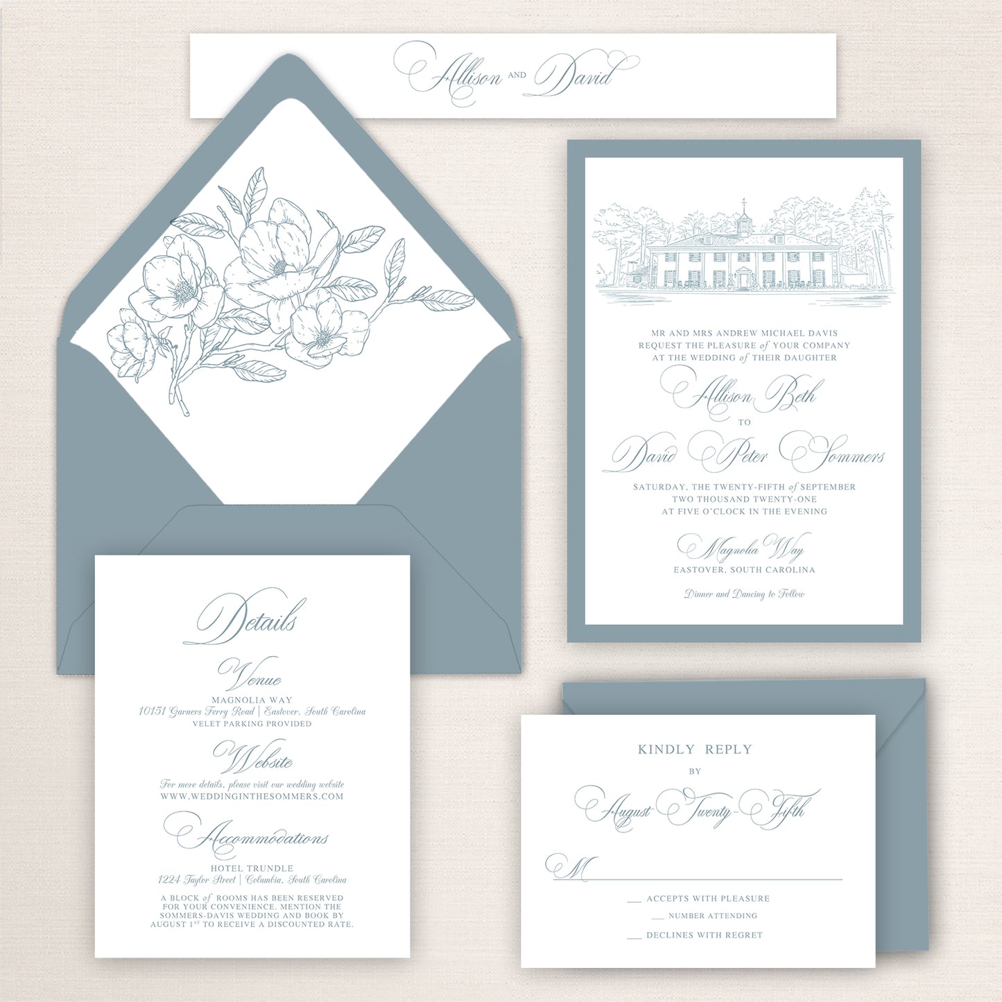 Magnolia Way wedding invitation suite with soft blue envelopes, floral envelope liner, venue illustration, RSVP card, and details insert, designed in a classic calligraphy style.