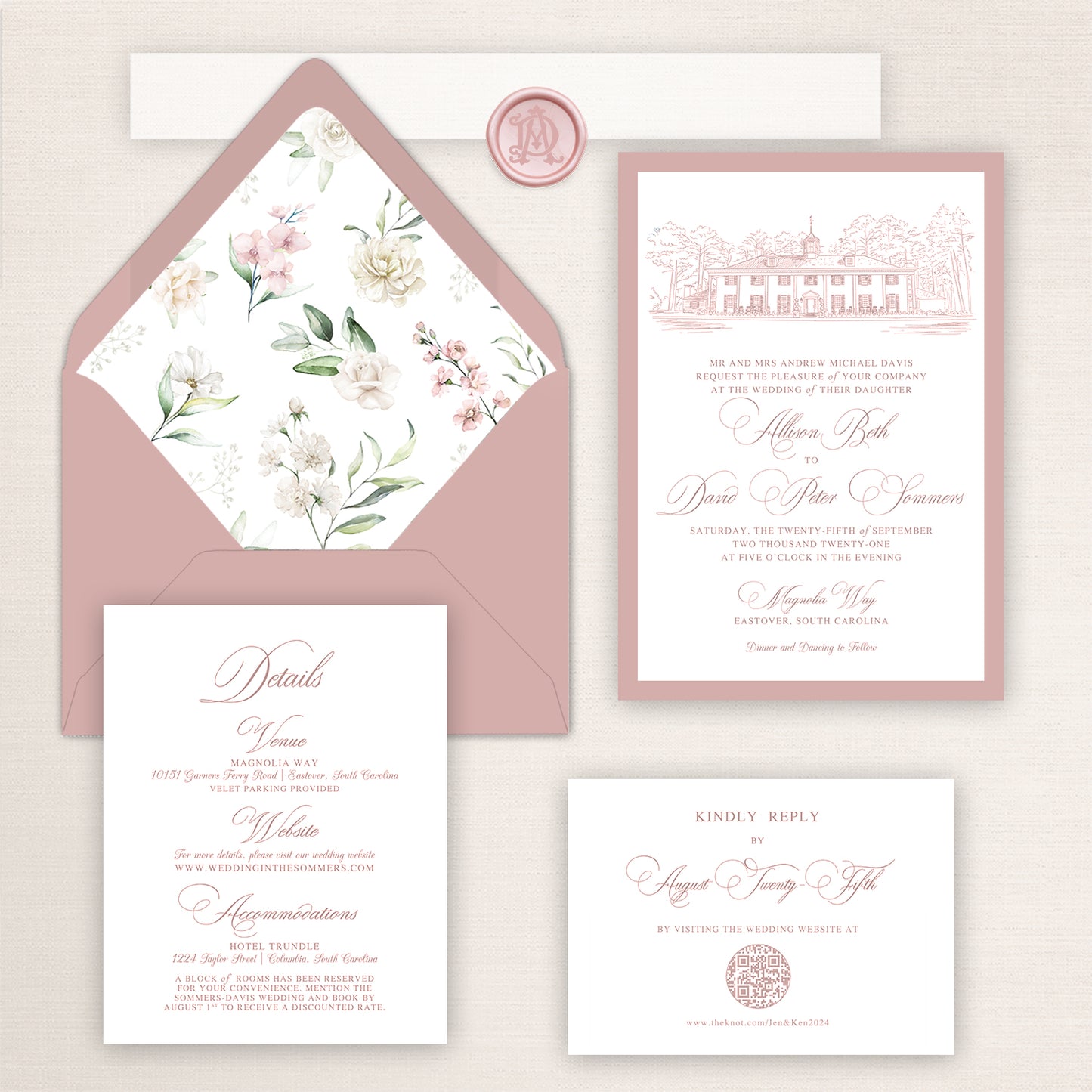 Magnolia Way wedding invitation suite with Dusty Rose envelopes, floral envelope liner, venue sketch, RSVP card, details insert, and matching wax seals with belly bands, designed in a classic calligraphy style.