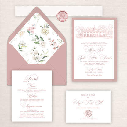 Magnolia Way wedding invitation suite with Dusty Rose envelopes, floral envelope liner, venue sketch, RSVP card, details insert, and matching wax seals with belly bands, designed in a classic calligraphy style.