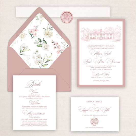 Magnolia Way wedding invitation suite with Dusty Rose envelopes, floral envelope liner, venue sketch, RSVP card, details insert, and matching wax seals with belly bands, designed in a classic calligraphy style.