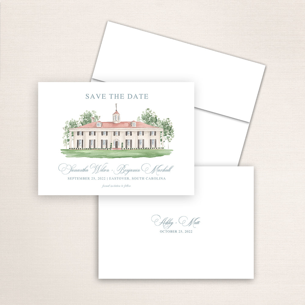 Custom watercolor Save the Date card featuring hand-painted venue illustration of Magnolia Way in Eastover, South Carolina, personalized wedding stationery with elegant venue artwork with matching envelope. 