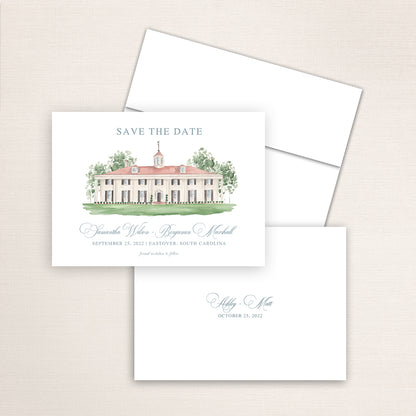 Custom watercolor Save the Date card featuring hand-painted venue illustration of Magnolia Way in Eastover, South Carolina, personalized wedding stationery with elegant venue artwork with matching envelope. 