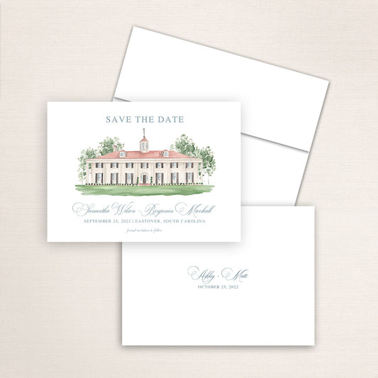 Custom watercolor Save the Date card featuring hand-painted venue illustration of Magnolia Way in Eastover, South Carolina, personalized wedding stationery with elegant venue artwork with matching envelope. 