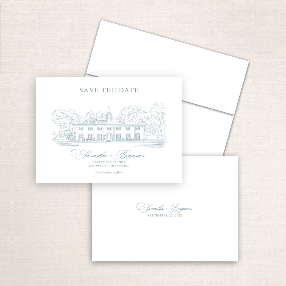Custom sketch Save the Date card featuring hand-drawn venue illustration of Magnolia Way in Eastover, South Carolina, personalized wedding stationery with elegant venue artwork. 