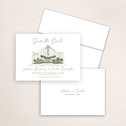 Custom watercolor Save the Date card featuring hand-painted venue illustration of Maitland Art & History Museum in Maitland, Florida, personalized wedding stationery with elegant venue artwork.