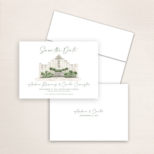 Custom watercolor Save the Date card featuring hand-painted venue illustration of Maitland Art & History Museum in Maitland, Florida, personalized wedding stationery with elegant venue artwork.