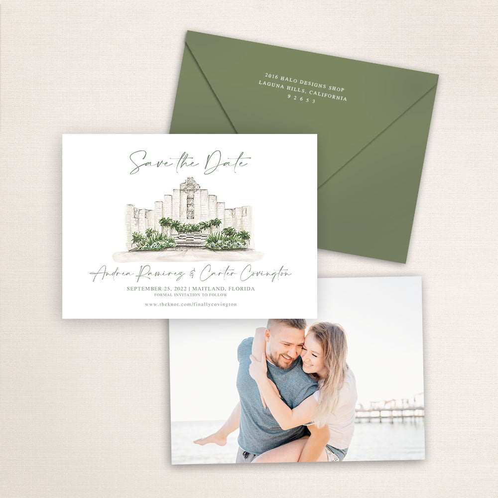 Custom watercolor Save the Date card featuring hand-painted venue illustration of Maitland Art & History Museum in Maitland, Florida, personalized wedding stationery with elegant venue artwork with matching envelope.