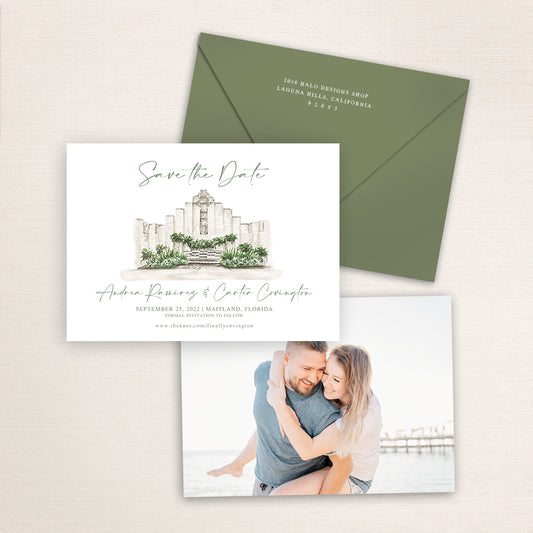 Custom watercolor Save the Date card featuring hand-painted venue illustration of Maitland Art & History Museum in Maitland, Florida, personalized wedding stationery with elegant venue artwork with matching envelope.