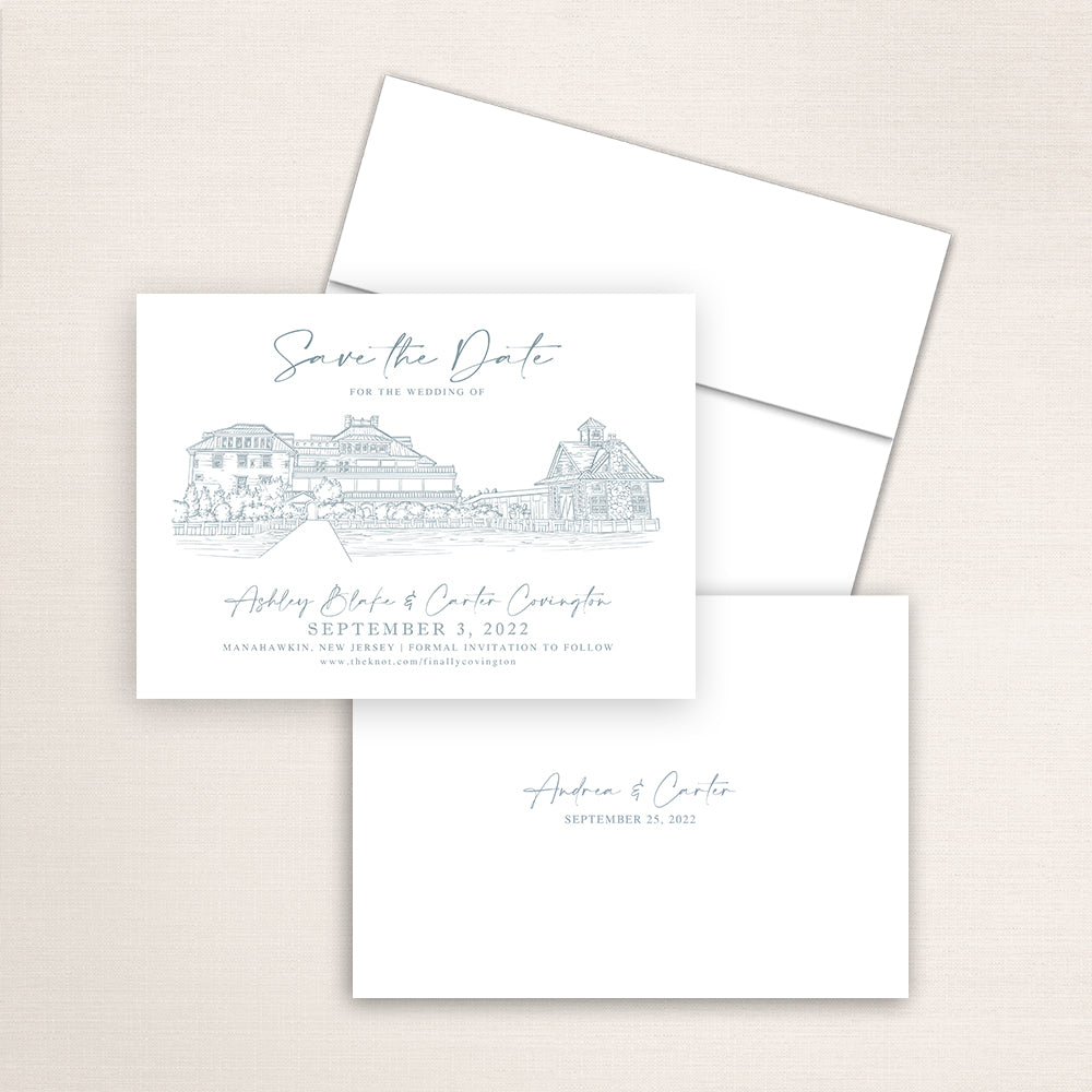 Custom sketch Save the Date card featuring hand-drawn venue illustration of Mallard Island Yacht Club in Manahawkin, New Jersey, personalized wedding stationery with elegant venue artwork.
