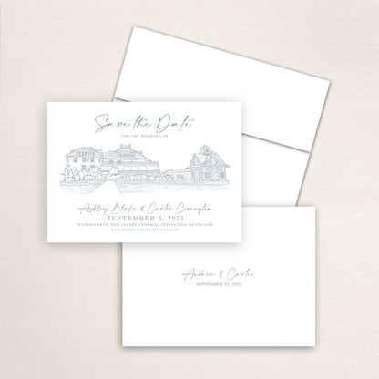 Custom sketch Save the Date card featuring hand-drawn venue illustration of Mallard Island Yacht Club in Manahawkin, New Jersey, personalized wedding stationery with elegant venue artwork.