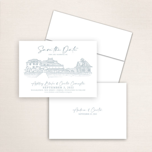 Custom sketch Save the Date card featuring hand-drawn venue illustration of Mallard Island Yacht Club in Manahawkin, New Jersey, personalized wedding stationery with elegant venue artwork.