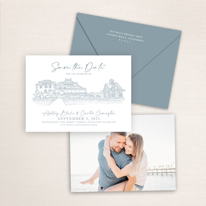 Custom sketch Save the Date card featuring hand-drawn venue illustration of Mallard Island Yacht Club in Manahawkin, New Jersey, personalized wedding stationery with elegant venue artwork with matching envelope.
