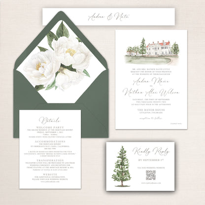 Manor House wedding invitation suite featuring watercolor venue illustration, white peony envelope liner, RSVP card with evergreen tree, and matching details card.