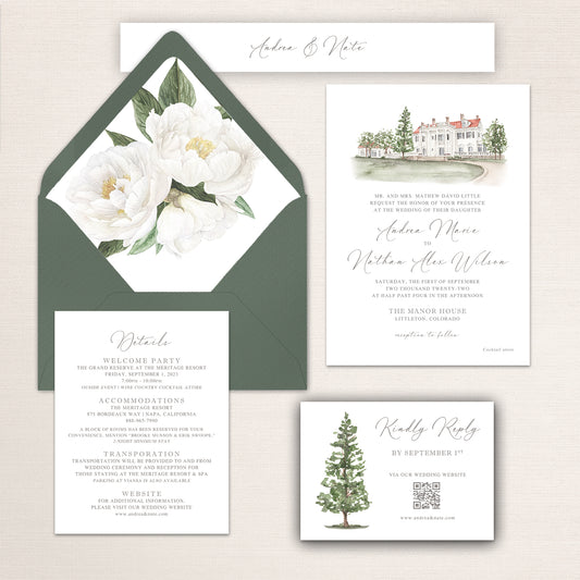 Manor House wedding invitation suite featuring watercolor venue illustration, white peony envelope liner, RSVP card with evergreen tree, and matching details card.