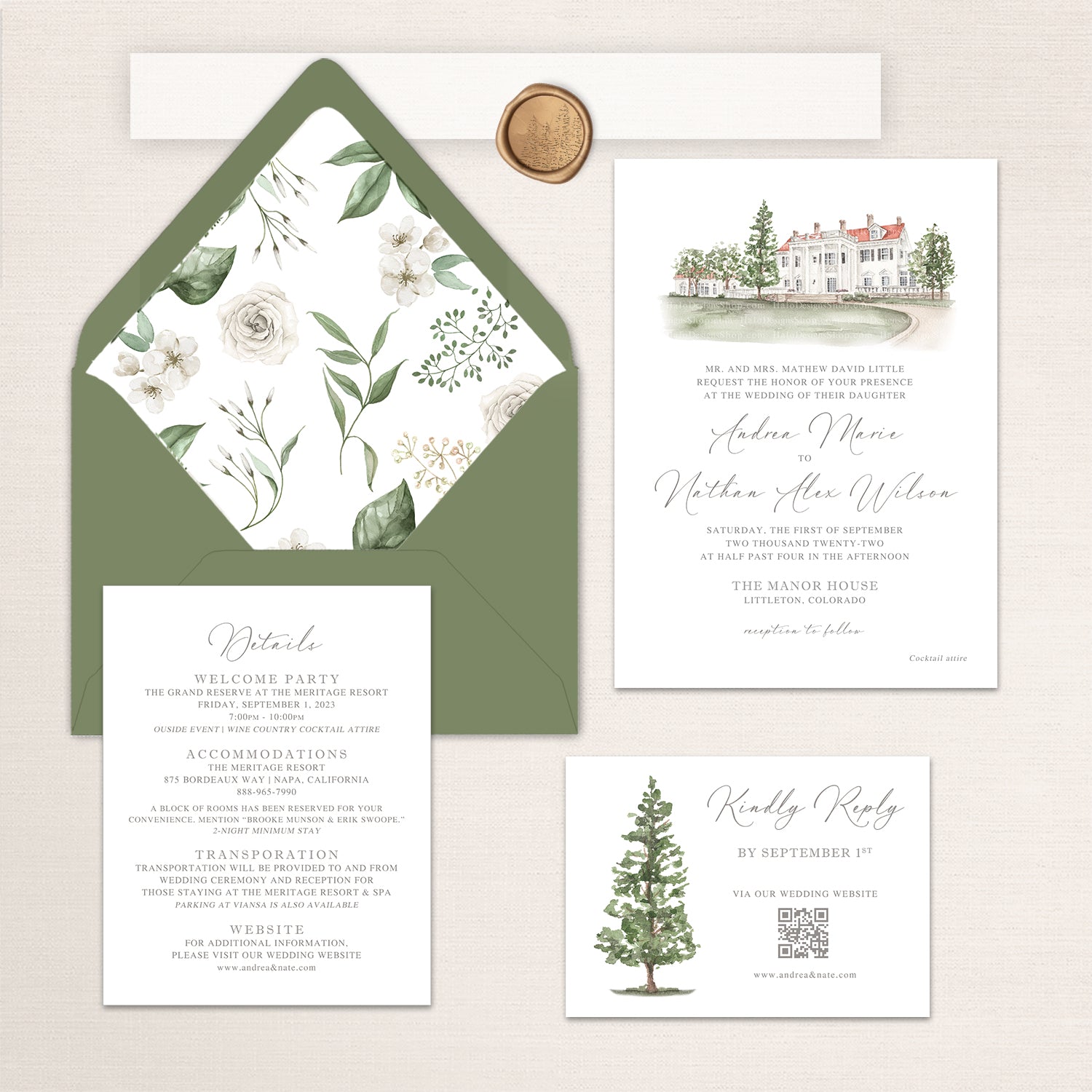 Manor House wedding invitation suite featuring a watercolor venue illustration, floral envelope liner, RSVP card with evergreen tree, and matching details card and wax seals.