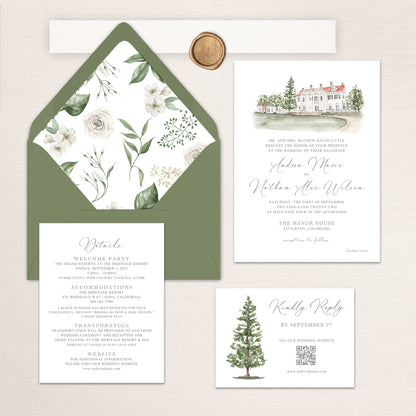 Manor House wedding invitation suite featuring a watercolor venue illustration, floral envelope liner, RSVP card with evergreen tree, and matching details card and wax seals.