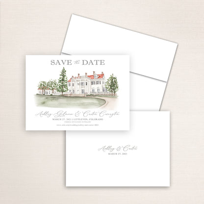 Custom watercolor Save the Date card featuring hand-painted venue illustration of The Manor House in Littleton, Colorado, personalized wedding stationery with elegant venue artwork. 