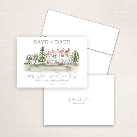 Custom watercolor Save the Date card featuring hand-painted venue illustration of The Manor House in Littleton, Colorado, personalized wedding stationery with elegant venue artwork. 