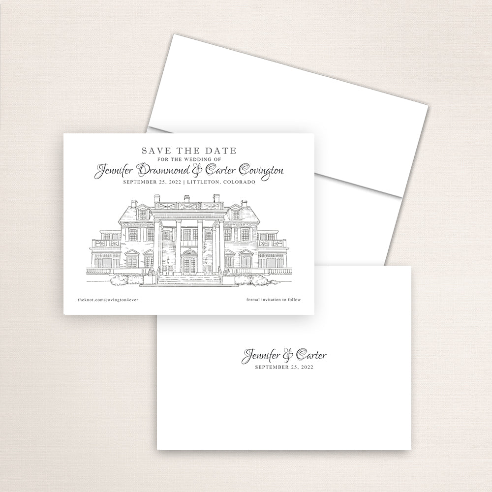 Custom sketch Save the Date card featuring hand-drawn venue illustration of the Manor House in Littleton, Colorado, personalized wedding stationery with elegant venue artwork. 