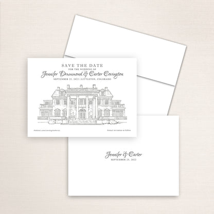 Custom sketch Save the Date card featuring hand-drawn venue illustration of the Manor House in Littleton, Colorado, personalized wedding stationery with elegant venue artwork. 