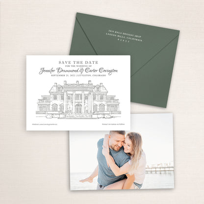 Custom sketch Save the Date card featuring hand-drawn venue illustration of the Manor House in Littleton, Colorado, personalized wedding stationery with elegant venue artwork with matching envelope.