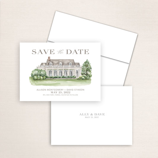 Custom watercolor Save the Date card featuring hand-painted venue illustration of Manursing Island Club in Rye, New York, personalized wedding stationery with elegant venue artwork. 