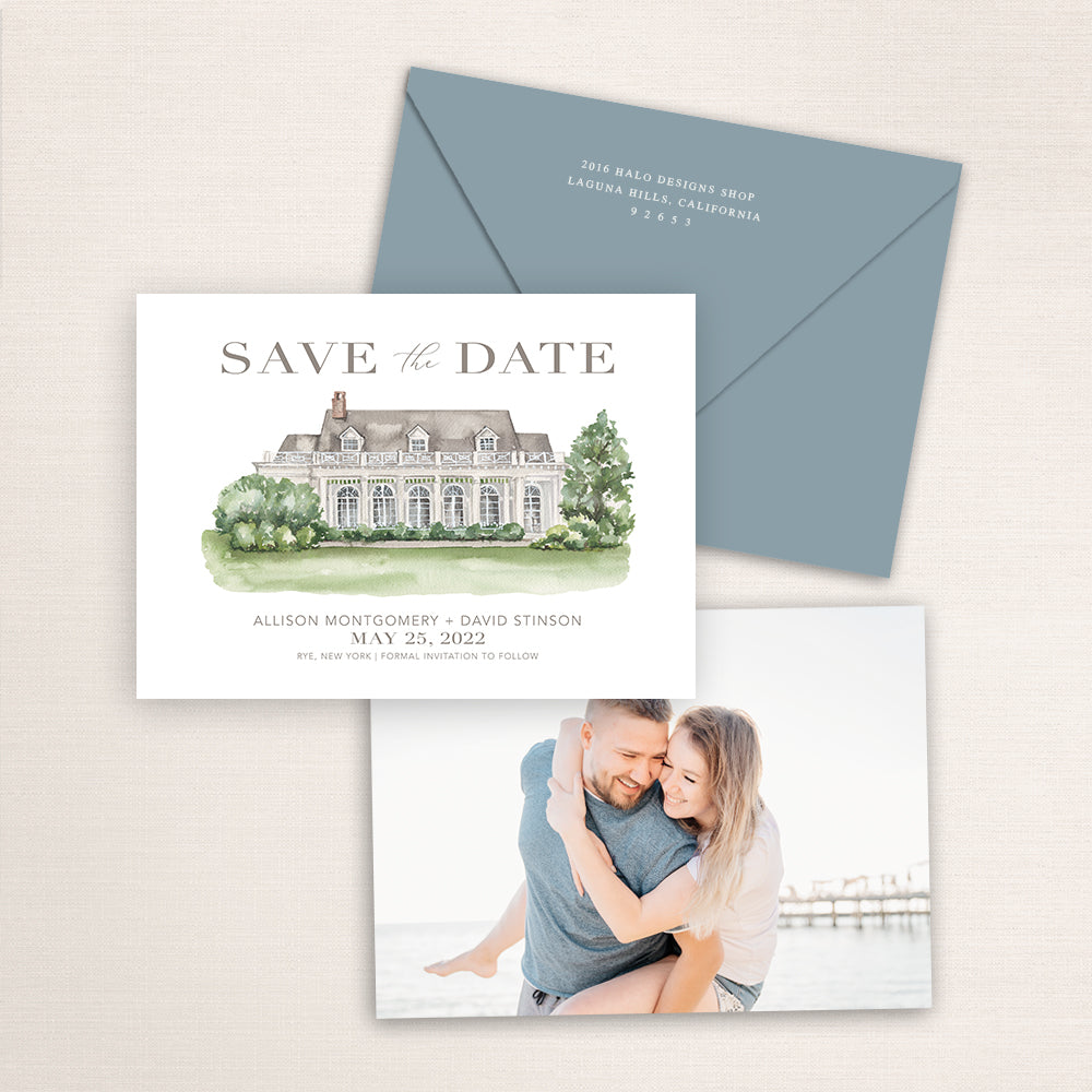 Custom watercolor Save the Date card featuring hand-painted venue illustration of Manursing Island Club in Rye, New York, personalized wedding stationery with elegant venue artwork with matching envelope.
