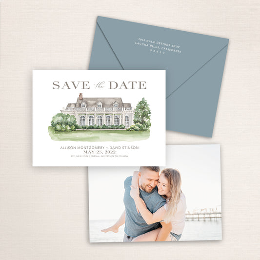Custom watercolor Save the Date card featuring hand-painted venue illustration of Manursing Island Club in Rye, New York, personalized wedding stationery with elegant venue artwork with matching envelope.