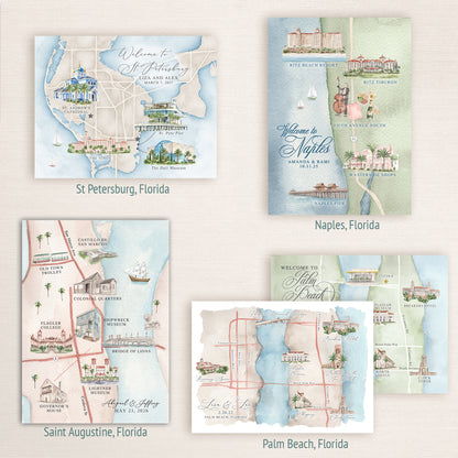 Custom Florida watercolor wedding maps featuring St Petersburg, Naples, Saint Augustine and Palm Beach with hand painted venue illustrations, landmarks and coastal details. Personalized wedding maps are ideal for destination wedding invitations and welcome stationery.