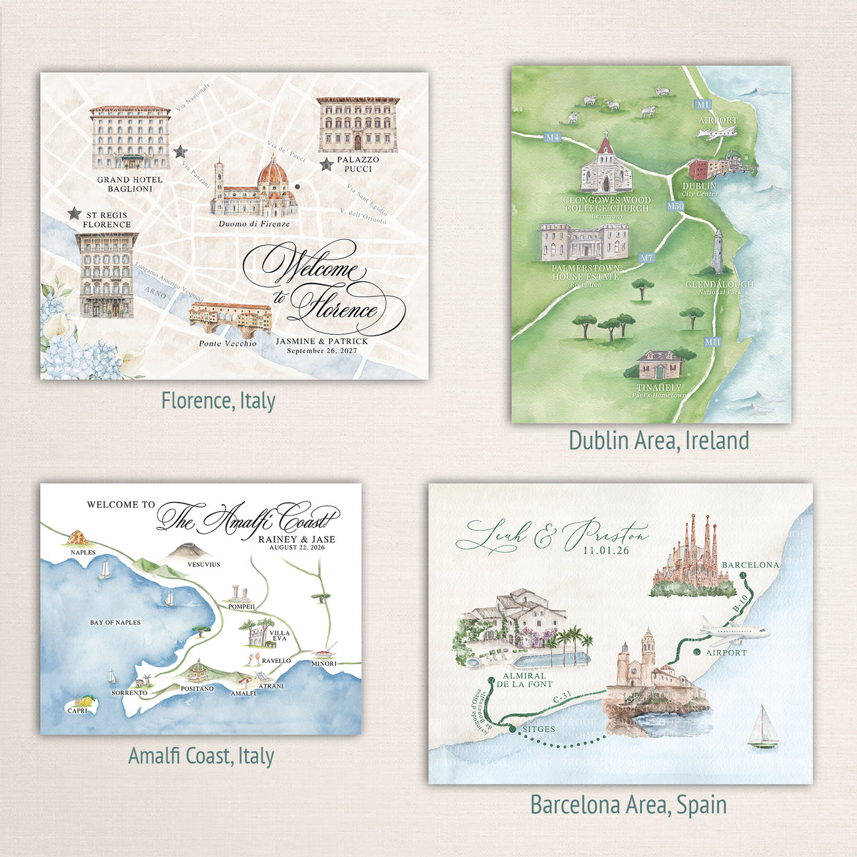 Custom destination wedding maps with hand painted watercolor illustrations of Florence, the Amalfi Coast, Dublin and Barcelona. Personalized international wedding map stationery highlights venues, landmarks, roads and travel details for destination wedding guests.