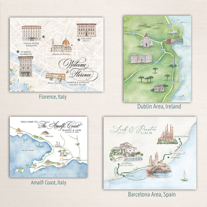 Custom destination wedding maps with hand painted watercolor illustrations of Florence, the Amalfi Coast, Dublin and Barcelona. Personalized international wedding map stationery highlights venues, landmarks, roads and travel details for destination wedding guests.