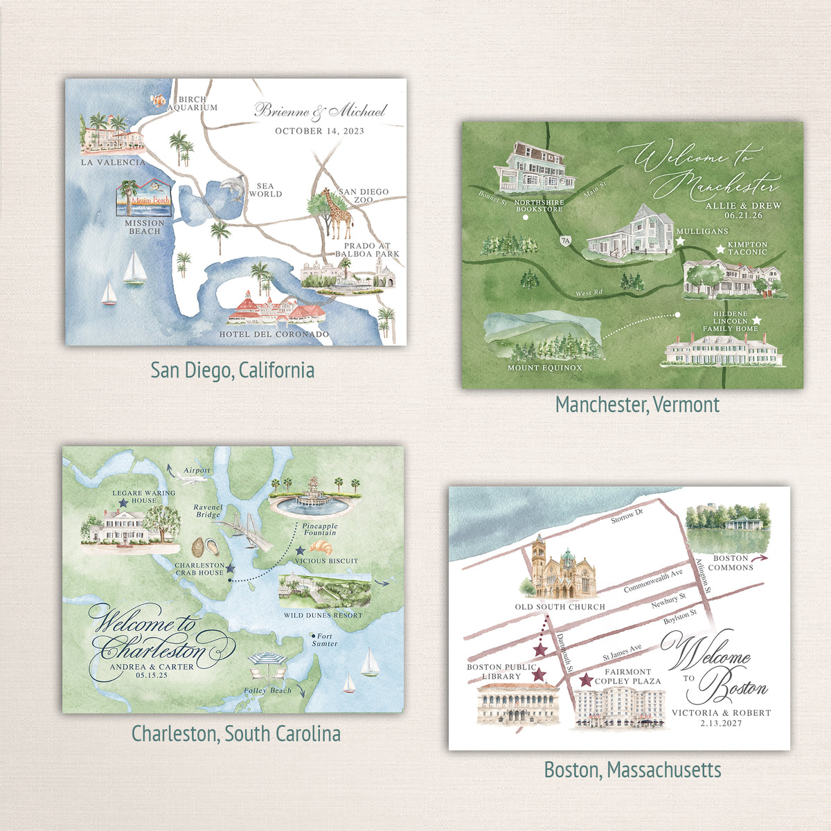 Personalized watercolor wedding maps featuring San Diego, Manchester Vermont, Charleston South Carolina and Boston Massachusetts. Custom hand painted venue illustrations, landmarks and local details create elegant destination wedding stationery and guest guides.
