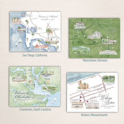 Personalized watercolor wedding maps featuring San Diego, Manchester Vermont, Charleston South Carolina and Boston Massachusetts. Custom hand painted venue illustrations, landmarks and local details create elegant destination wedding stationery and guest guides.