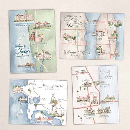 Watercolor wedding map inserts featuring hand-painted landmarks, venues, and custom layouts designed to match your invitation suite.