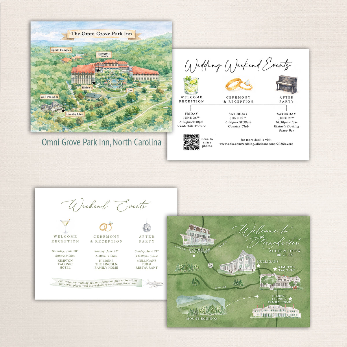 Custom watercolor wedding maps and coordinating wedding weekend itinerary cards featuring the Omni Grove Park Inn in North Carolina and Manchester Vermont. Painted venue illustrations and event icons create personalized destination wedding stationery for multi-day celebrations.