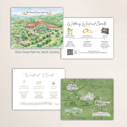 Custom watercolor wedding maps and coordinating wedding weekend itinerary cards featuring the Omni Grove Park Inn in North Carolina and Manchester Vermont. Painted venue illustrations and event icons create personalized destination wedding stationery for multi-day celebrations.
