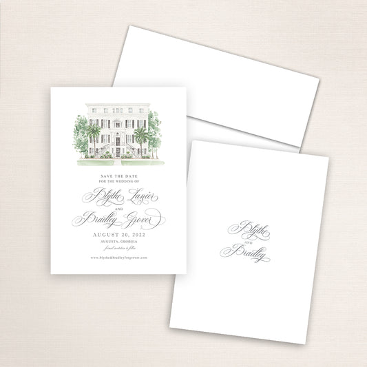 Custom watercolor Save the Date card featuring hand-painted venue illustration of Mario Hatch Center in Augusta, Georgia, personalized wedding stationery with elegant venue artwork. 