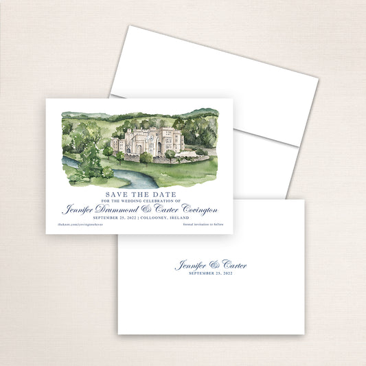 Custom watercolor Save the Date card featuring hand-painted venue illustration of Markee Castle in Collooney, Ireland, personalized wedding stationery with elegant venue artwork.