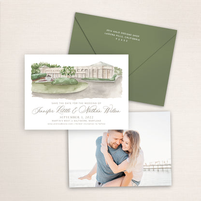 Hand-painted watercolor of Martin's West printed on a save the date wedding card with a photo on the back and matching envelopes.