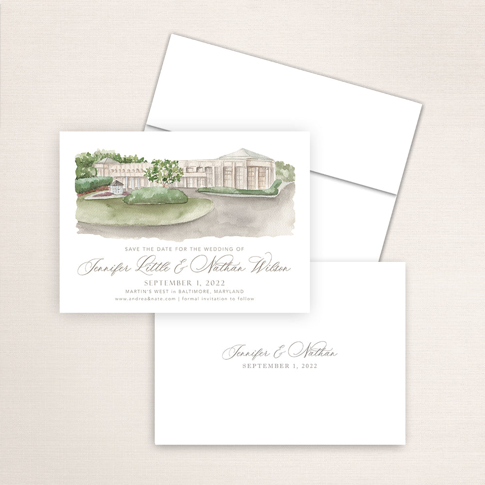 Hand-painted watercolor of Martin's West, printed on a save the date announcement.