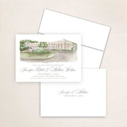 Hand-painted watercolor of Martin's West, printed on a save the date announcement.