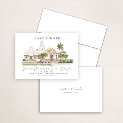 Custom watercolor Save the Date card featuring hand-painted venue illustration of Mary Star of the Sea Catholic Church in La Jolla, California, personalized wedding stationery with elegant venue artwork. 