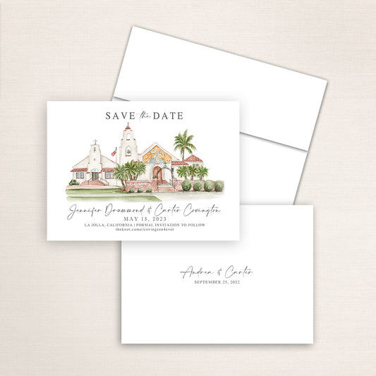 Custom watercolor Save the Date card featuring hand-painted venue illustration of Mary Star of the Sea Catholic Church in La Jolla, California, personalized wedding stationery with elegant venue artwork. 