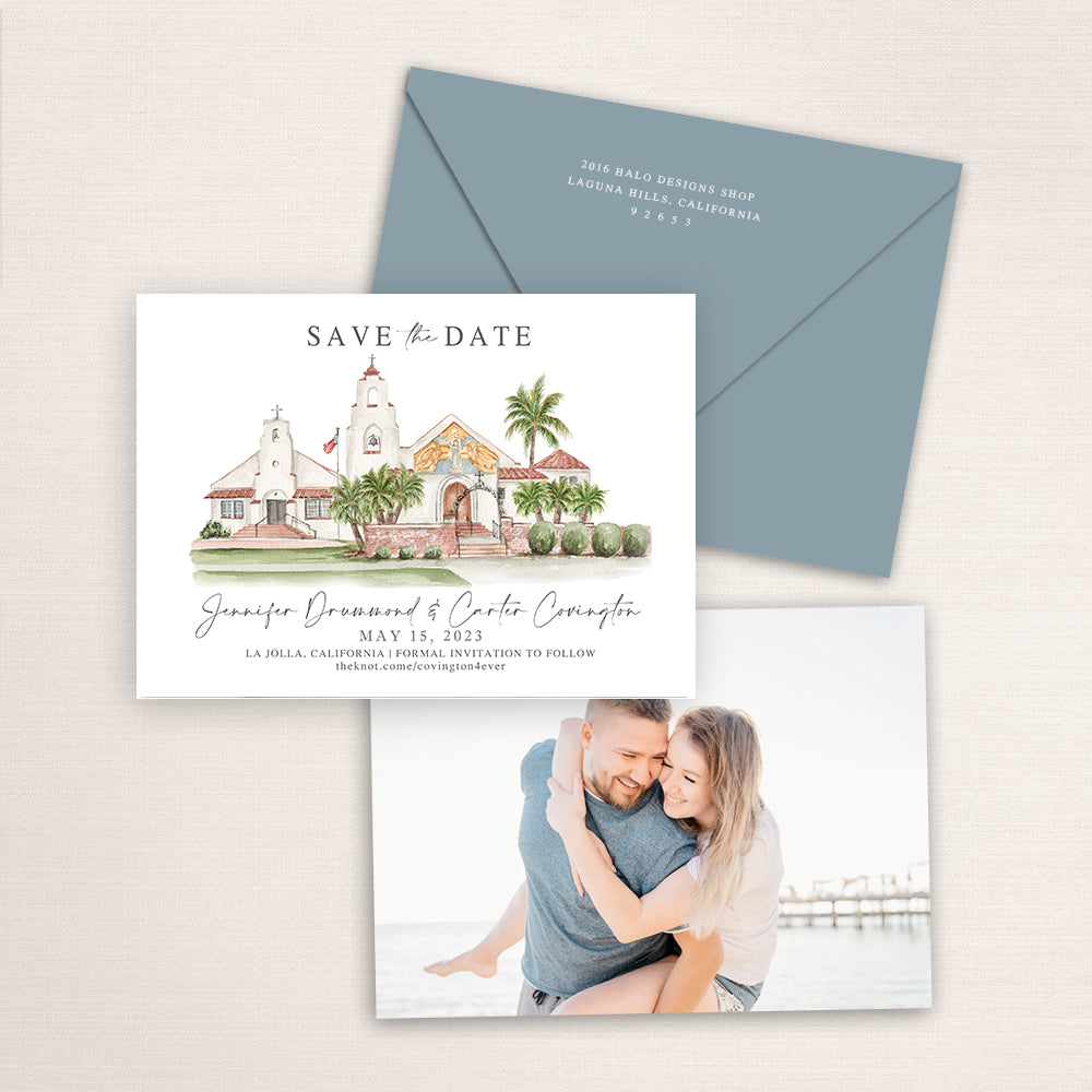 Custom watercolor Save the Date card featuring hand-painted venue illustration of Mary Star of the Sea Catholic Church in La Jolla, California, personalized wedding stationery with elegant venue artwork with matching envelope.