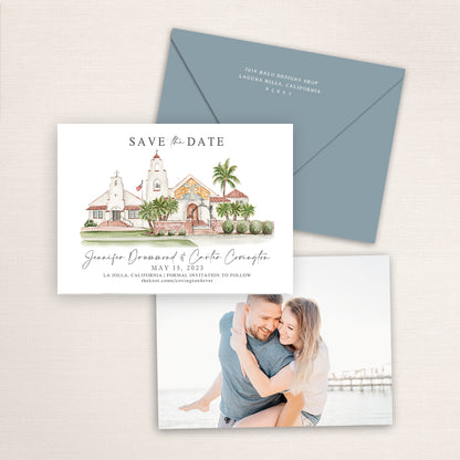 Custom watercolor Save the Date card featuring hand-painted venue illustration of Mary Star of the Sea Catholic Church in La Jolla, California, personalized wedding stationery with elegant venue artwork with matching envelope.