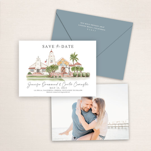 Custom watercolor Save the Date card featuring hand-painted venue illustration of Mary Star of the Sea Catholic Church in La Jolla, California, personalized wedding stationery with elegant venue artwork with matching envelope.