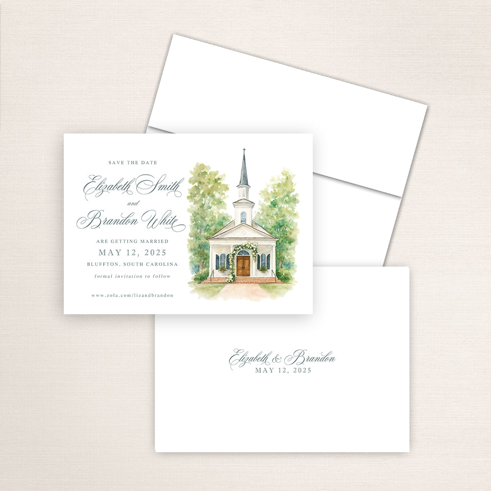 May River Chapel wedding save the date with watercolor artwork of the Bluffton chapel facade, elegant calligraphy names, white envelope, and minimalist printed back with couple’s names and wedding date.