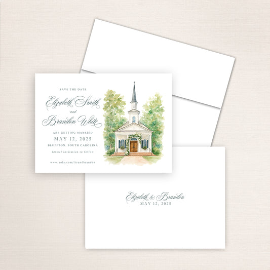 May River Chapel wedding save the date with watercolor artwork of the Bluffton chapel facade, elegant calligraphy names, white envelope, and minimalist printed back with couple’s names and wedding date.