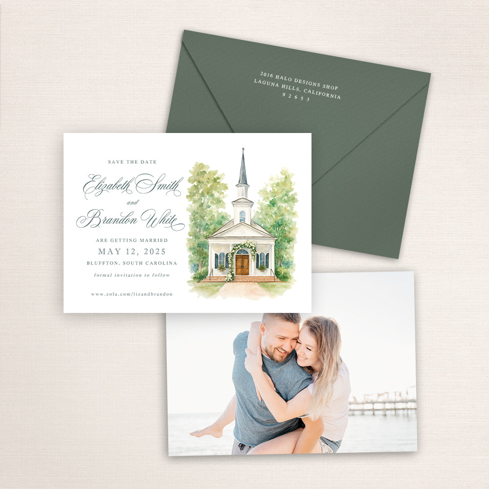 May River Chapel save the date featuring a custom watercolor illustration of the white Bluffton, South Carolina chapel with steeple and greenery, romantic script typography, sage green envelope, and engagement photo on the back.