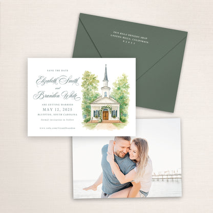 May River Chapel save the date featuring a custom watercolor illustration of the white Bluffton, South Carolina chapel with steeple and greenery, romantic script typography, sage green envelope, and engagement photo on the back.